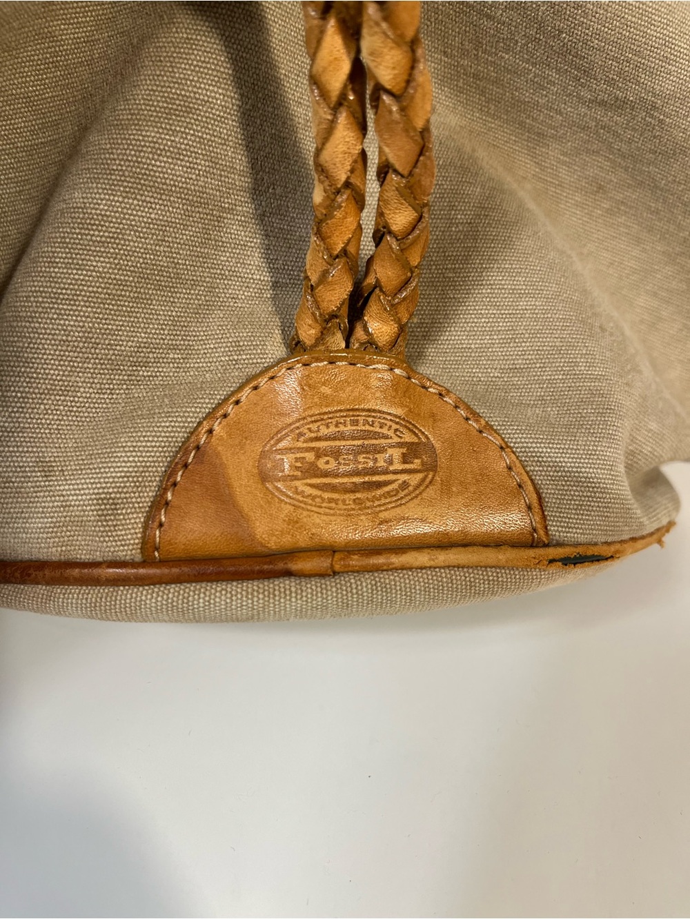 Vintage Fossil Canvas Bucket Backpack Purse Woven Leather Pattern - Picture 4 of 12